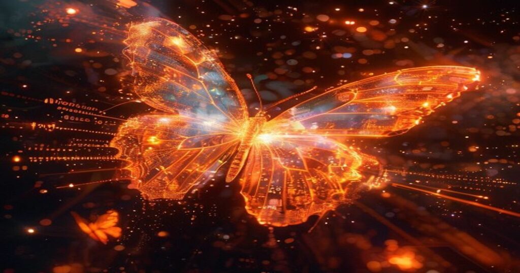 ...Ingeniero holográfico de IA orquestando el Efecto Mariposa en campañas de marketing con símbolos de crecimiento y nebulosas cósmicas...