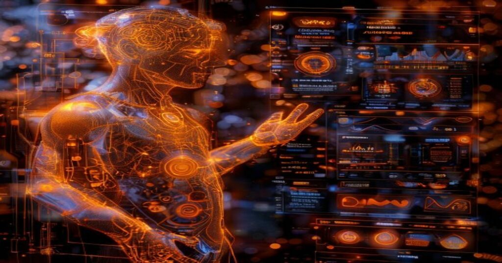 ...Holograma naranja de ingeniero en bienestar organizacional analizando datos de bienestar laboral en un cosmos de nebulosas cálidas.