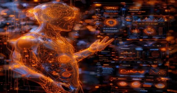 ...Holograma naranja de ingeniero en bienestar organizacional analizando datos de bienestar laboral en un cosmos de nebulosas cálidas.