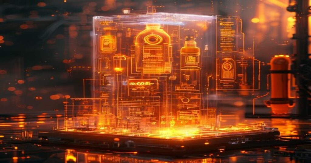 ...**Holograma naranja de un experto en salud industrial auditando riesgos en una fábrica con interfaz de seguridad.**