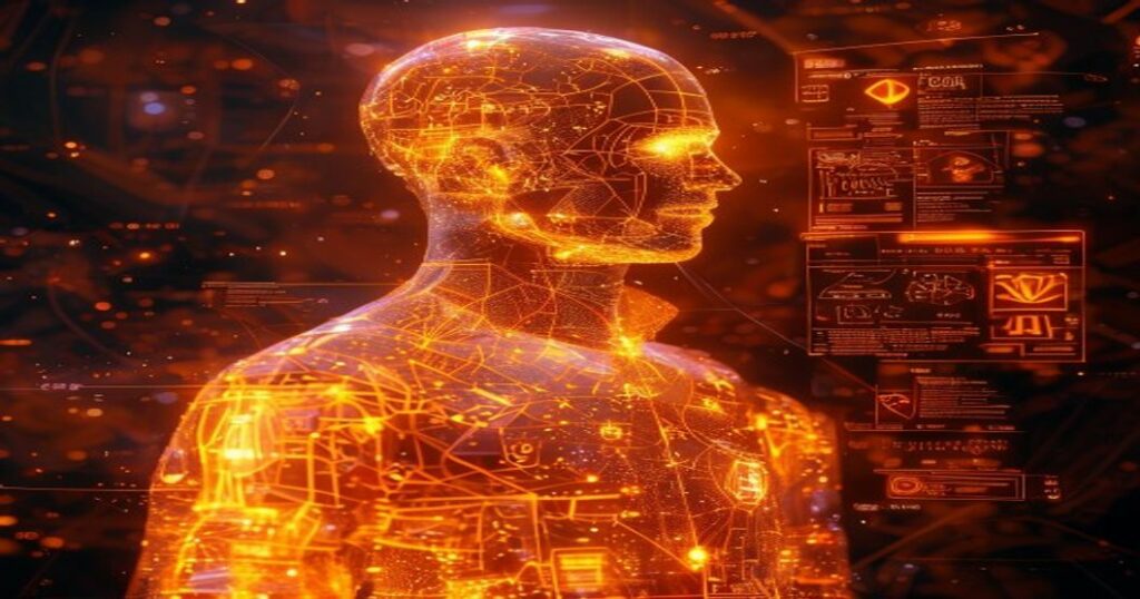 ...Ingeniero holográfico de IA gestiona frameworks educativos en entorno cósmico con tonos naranja neón...