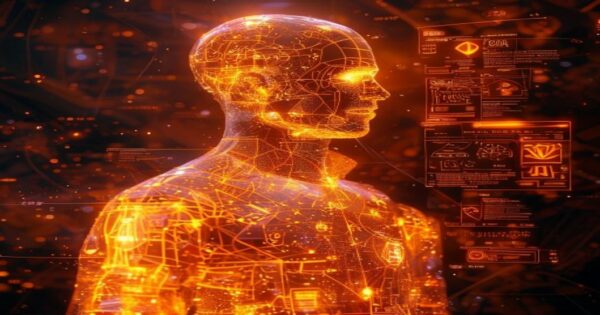 ...Ingeniero holográfico de IA gestiona frameworks educativos en entorno cósmico con tonos naranja neón...