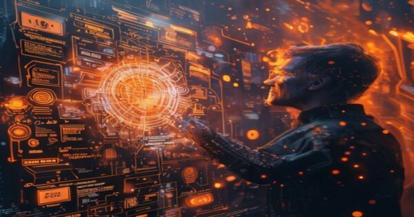 ...Ingeniero holográfico naranja analiza pruebas de calidad de software en un entorno espacial futurista.