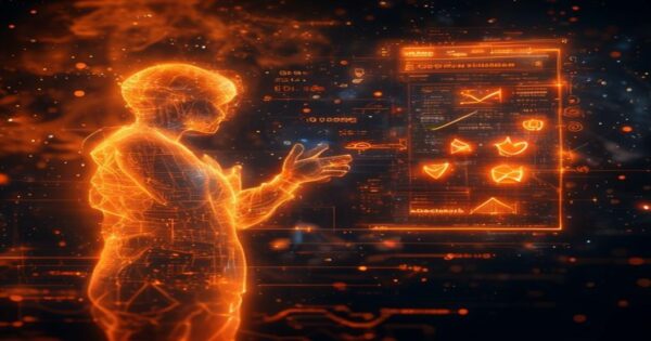 ...Ingeniero holográfico de IA proyectando estrategias de copywriting con símbolos de valor y prueba social en un escenario cósmico naranja...