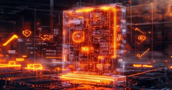 ...Ingeniero holográfico naranja analiza prompts para redacción publicitaria de productos.