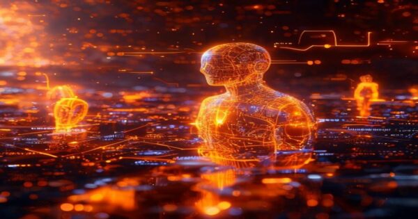 ...Ingeniero holográfico naranja manipulando símbolos de copywriting, testimonios y casos de éxito para plataformas de software de gestión de proyectos...