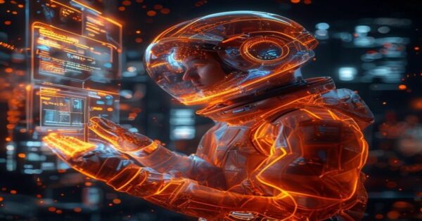 ...Ingeniero holográfico optimizando flujo de trabajo en línea de montaje con datos en tiempo real.